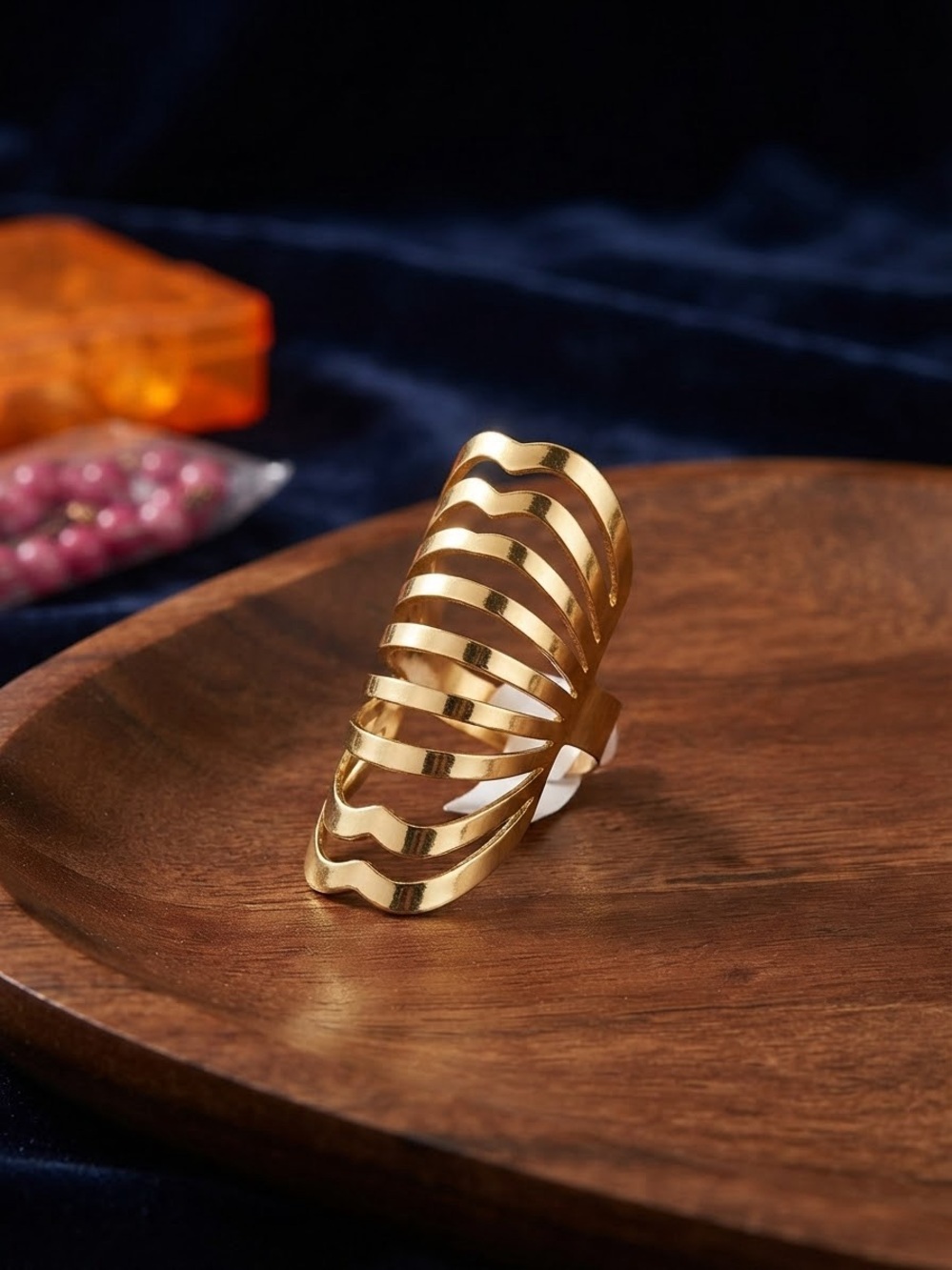 Ring Gold Wave Cutout Long Statement Ring